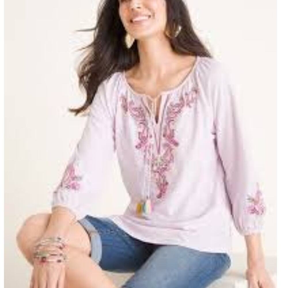 Chico's Pink Paisley Embroidered Tassel Cotton Top Women's Small Coastalโ Boho